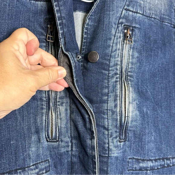 Zara Women’s Blue Distressed Denim Leather Elbow Patches Drawstring Jacket S - Picture 11 of 15